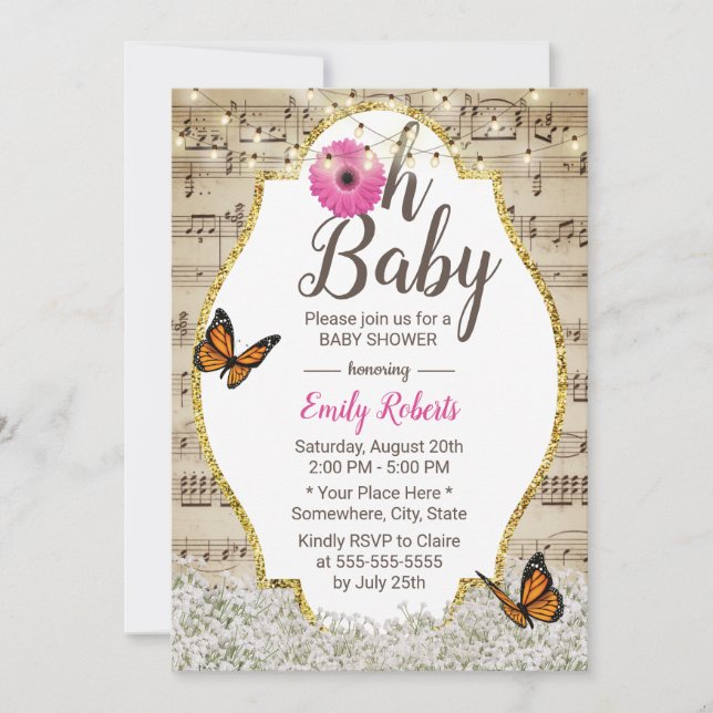 Oh Baby Shower Rustic Baby's Breath Floral Musical Invitation (Front)