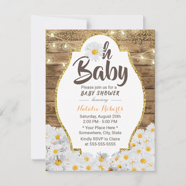 Oh Baby Shower Rustic Daisy Flowers String Lights Invitation (Front)