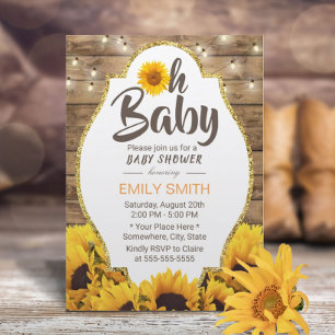 Oh Baby Shower Rustic Sunflowers & String Lights Invitation