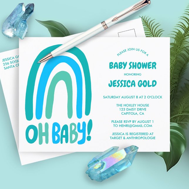 OH BABY SHOWER Sweet Blue Rainbow CUSTOM Invitation Postcard (OH BABY SHOWER Sweet Blue Rainbow CUSTOM Invitation Postcard Baby Shower Baby SPrinkle Cute)