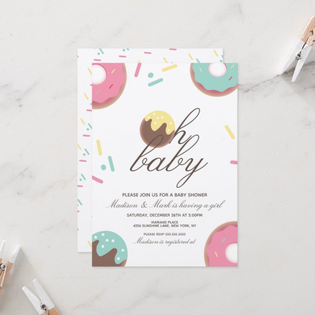 Oh Baby Shower Sweet Cake Pop Doughnut Invitation (Front/Back In Situ)
