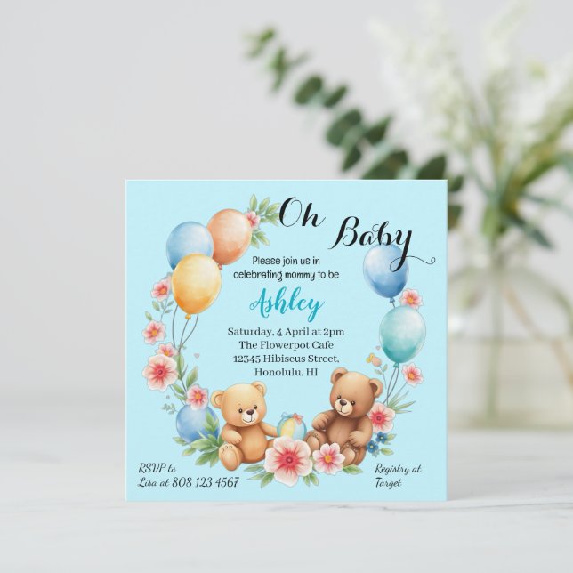 Oh Baby shower teddies & balloons invitation (Standing Front)