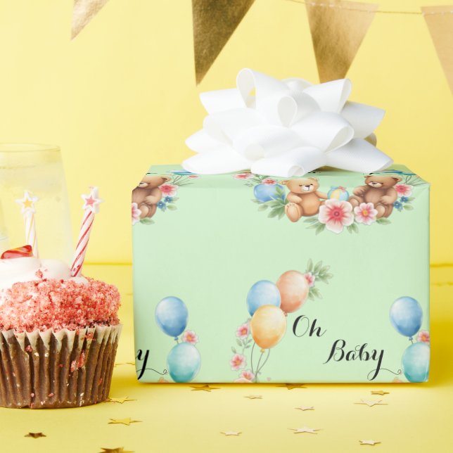 Oh Baby shower teddies & balloons Wrapping Paper (Birthday Party)