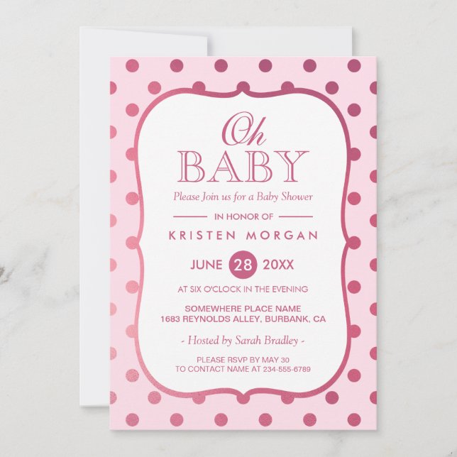 Oh Baby Shower Trendy Pink Glitter Polka Dots Invitation (Front)