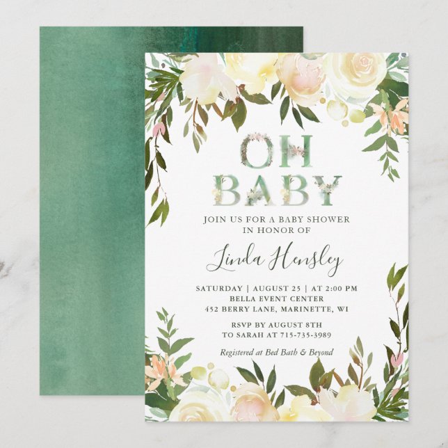 Oh Baby Shower Typography Floral Greenery White Invitation (Front/Back)