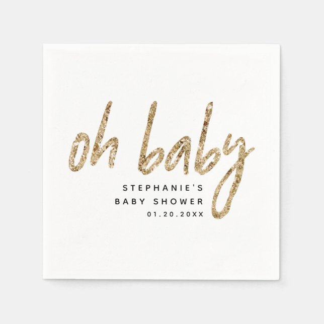 Oh Baby Simple Baby Shower Gold Glitter Napkin (Front)