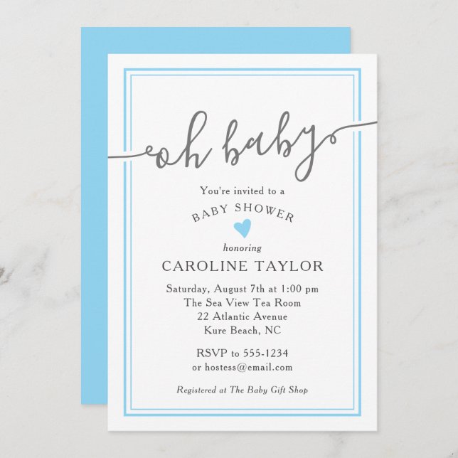 Oh Baby Simple Blue Heart Boy Baby Shower Invitation (Front/Back)