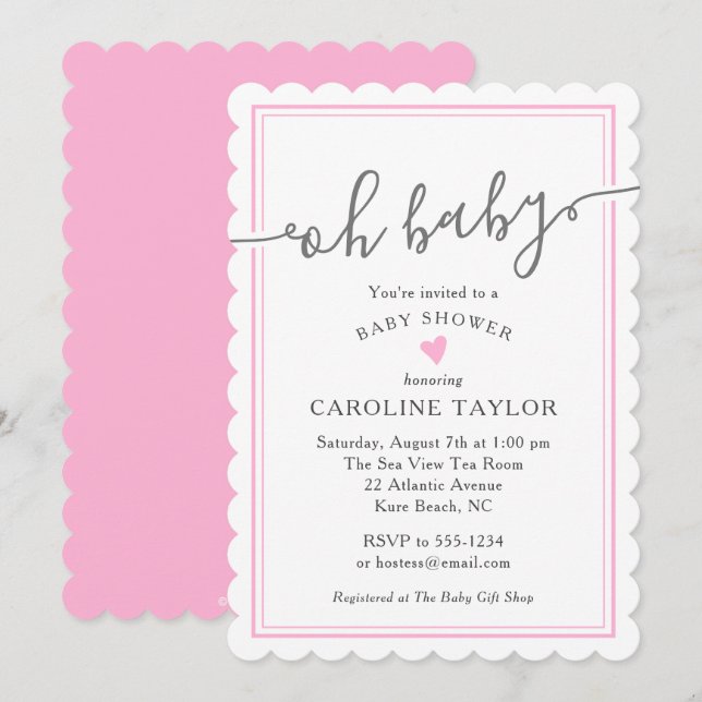 Oh Baby Simple Pink Heart Girl Baby Shower Invitation (Front/Back)