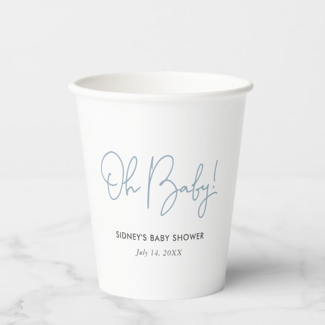 Oh Baby Sky Blue Personalised Baby Shower Paper Cups (Front)