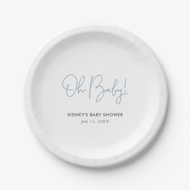 Oh Baby Sky Blue Personalised Baby Shower Paper Plate (Front)
