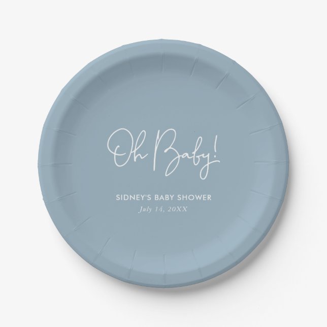Oh Baby Sky Blue Personalised Baby Shower Paper Plate (Front)