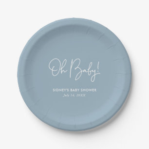 Oh Baby Sky Blue Personalized Baby Shower Paper Plate