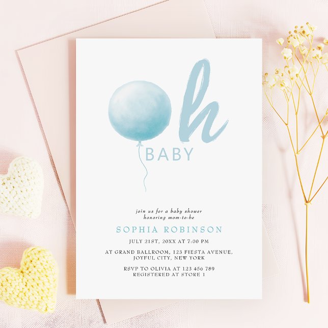 Oh Baby Soft Pastel Blue Balloon Baby Boy Shower Invitation (Creator Uploaded)