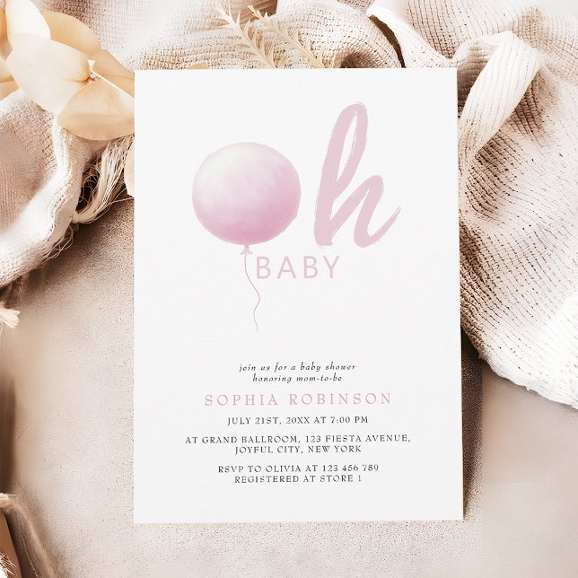 Oh Baby Soft Pastel Pink Balloon Baby Girl Shower Invitation (Creator Uploaded)