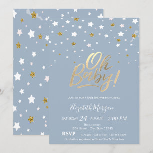 Oh Baby Stars Dusty Blue Baby Shower Invitation