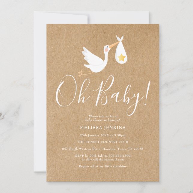 Oh Baby Stork Rustic Baby Shower Invitation (Front)