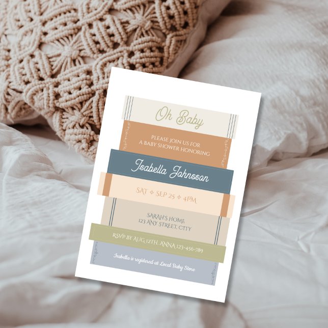 Oh Baby Storybook Stack Book Lover Baby Shower Invitation (Oh Baby Storybook Stack Book Lover Baby Shower Invitation GENDER NEUTRAL EARTHLY TONES)