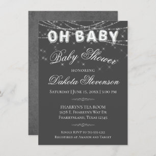 Oh Baby String Light   Dark Grey Balloon Shower Invitation