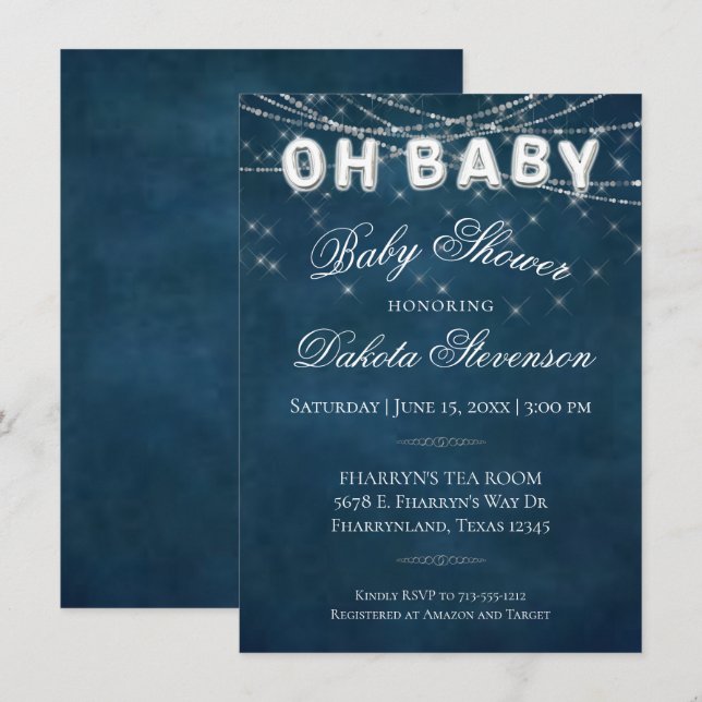Oh Baby String Light | Dark Navy Blue Baby Balloon Invitation (Front/Back)