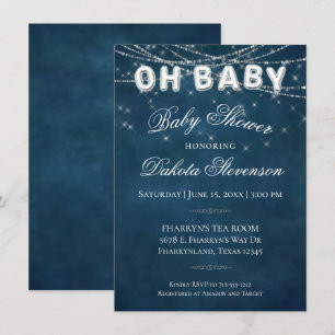 Oh Baby String Light   Dark Navy Blue Baby Balloon Invitation