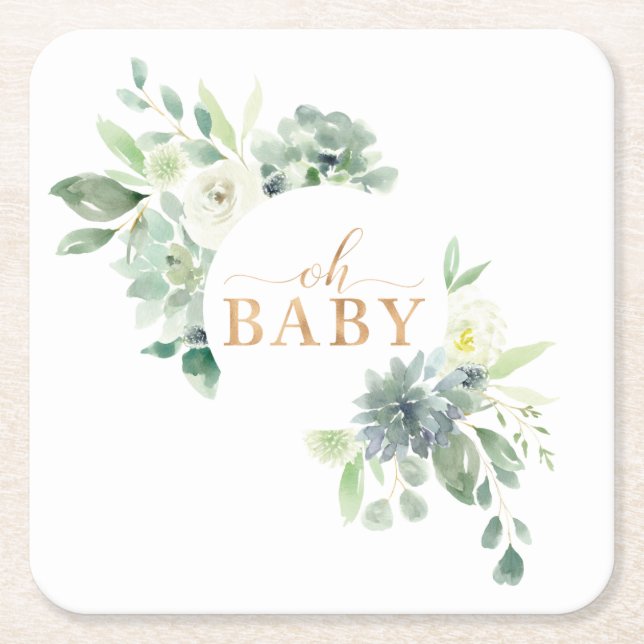 Oh Baby Succulent Baby Shower Paper Coasters (Front)