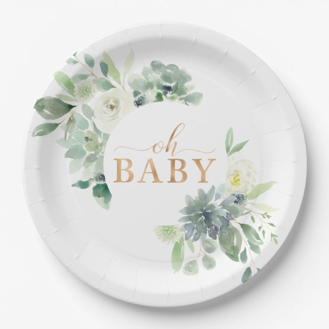 Oh Baby Succulent Baby Shower Paper Plates (Front)