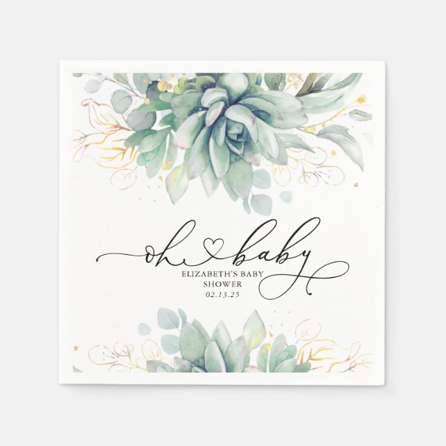 Oh Baby Succulents Gold Greenery Baby Shower Napkin (Front)