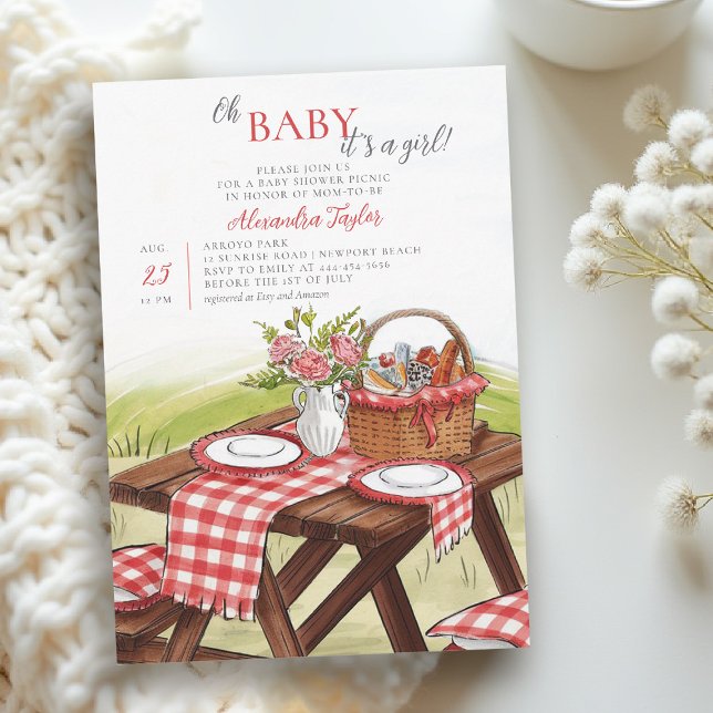 Oh Baby Summer Picnic Park Fun Cute Girl Shower Invitation (picnic baby shower ideas red gingham art sketch invitation modern simple classy download)