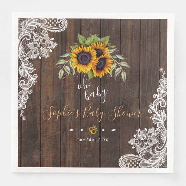 Oh BABY Sunflowers Bouquet Wood Lace BABY SHOWER Napkin (Front)