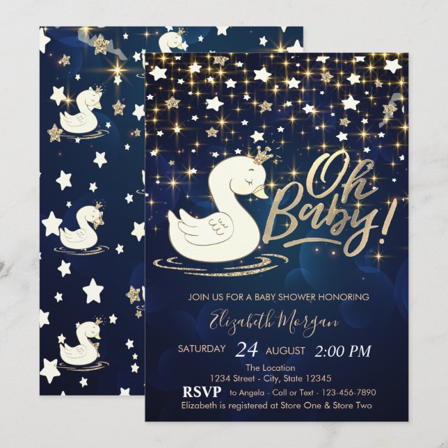 Oh Baby Swan Crown Stars Navy Blue Baby Shower Invitation (Front/Back)