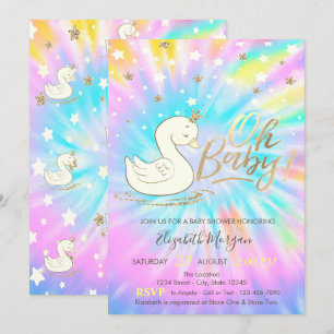 Oh Baby Swan Crown Stars Tie Dye Baby Shower  Invitation