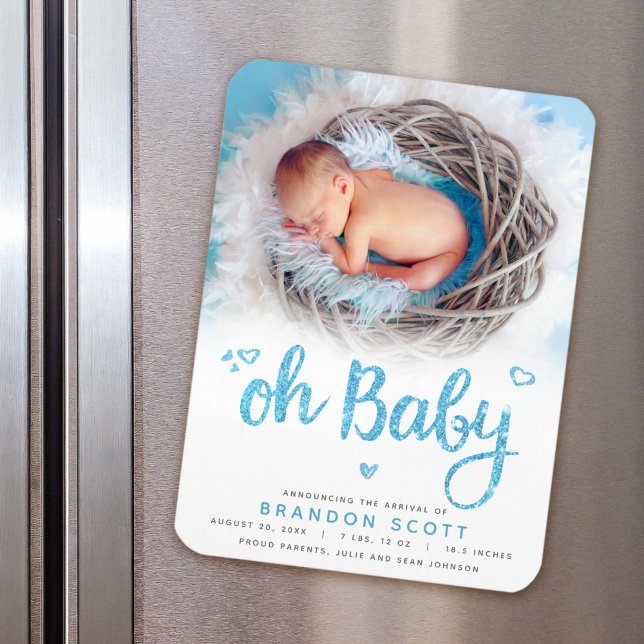 Oh Baby Sweet Bold Modern Blue Boy Birth Photo Magnet (Creator Uploaded)