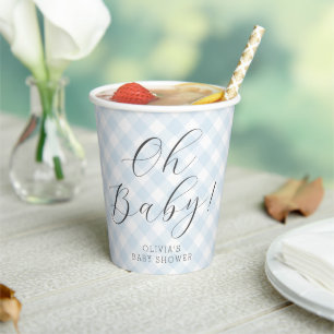 Oh Baby! Sweet Light Blue Gingham Baby Shower Paper Cups