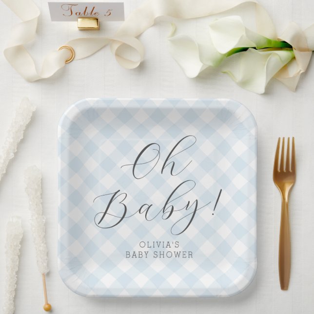 Oh Baby! Sweet Light Blue Gingham Baby Shower Paper Plate (Wedding)