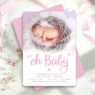 Oh Baby Sweet Modern Chic Pink Girl Birth Photo Announcement