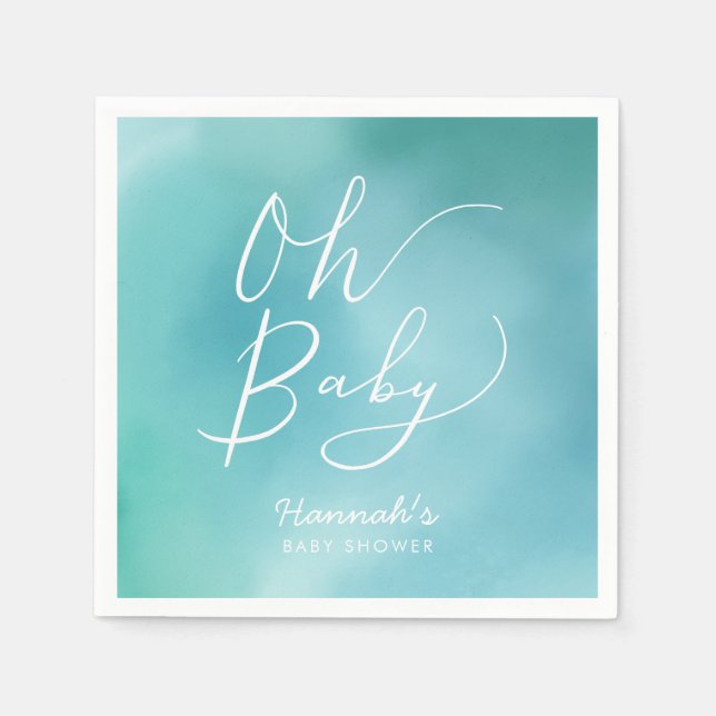 Oh Baby Teal Blue Typography Script Baby Shower Napkin (Front)