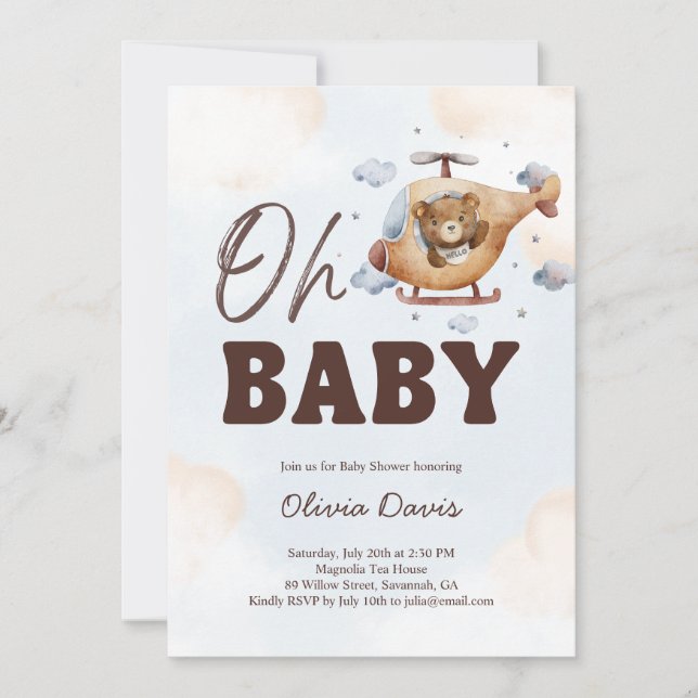 Oh Baby! Teddy Bear Helicopter Baby Shower BLUE Invitation (Front)