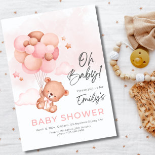 Oh Baby Teddy Bear With Balloon Girl Baby Shower Invitation