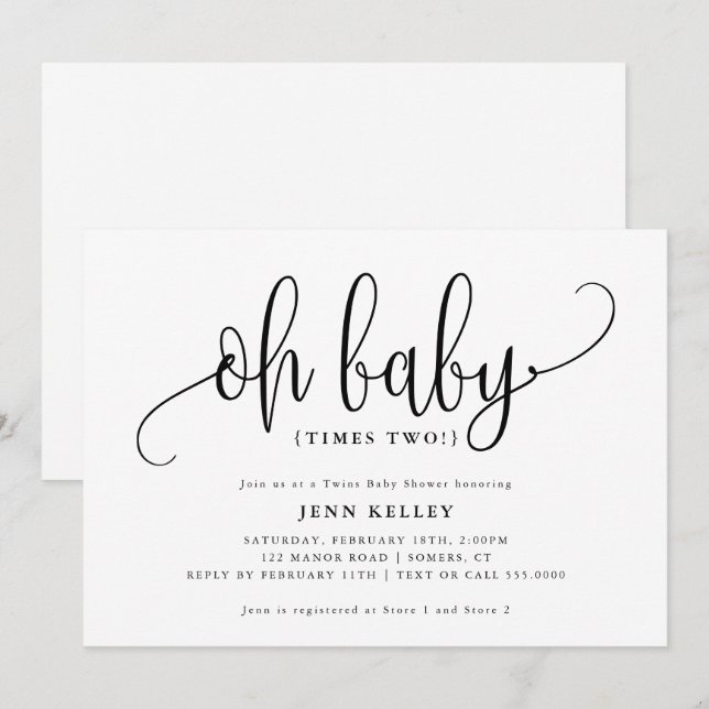 Oh Baby Times Two, Twins Calligraphy Baby Shower Invitation (Front/Back)