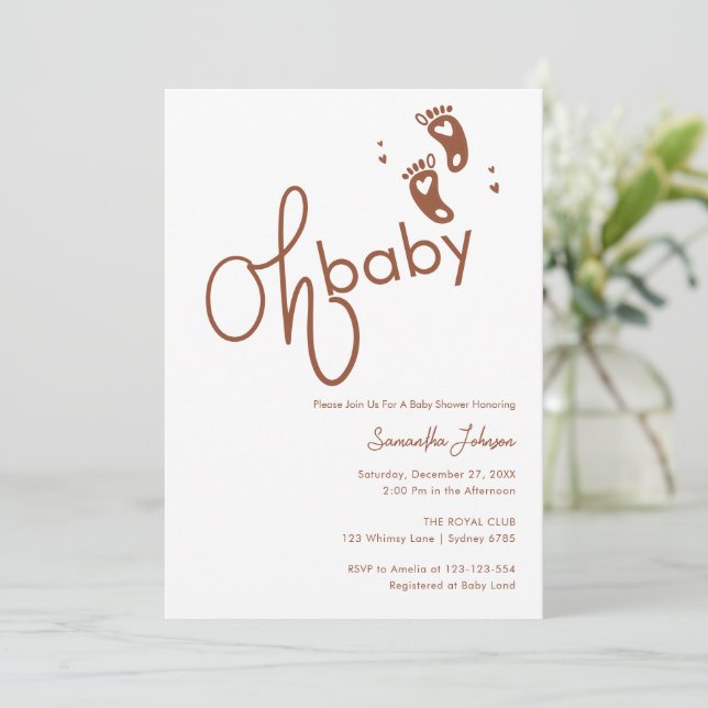 Oh Baby Trendy Script Gender Neutral Baby shower Invitation (Standing Front)