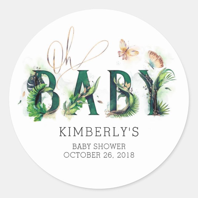 Oh Baby Tropical Greenery Beach Baby Shower Classic Round Sticker (Front)