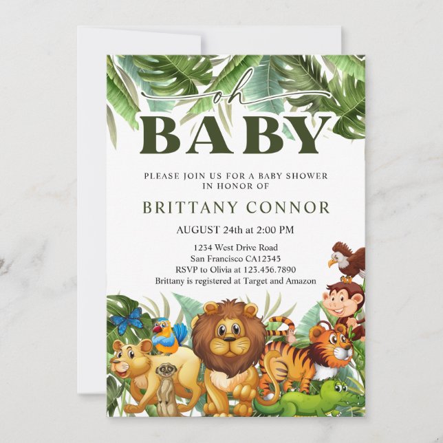 Oh Baby Tropical Jungle Safari Animals Baby Shower Invitation (Front)