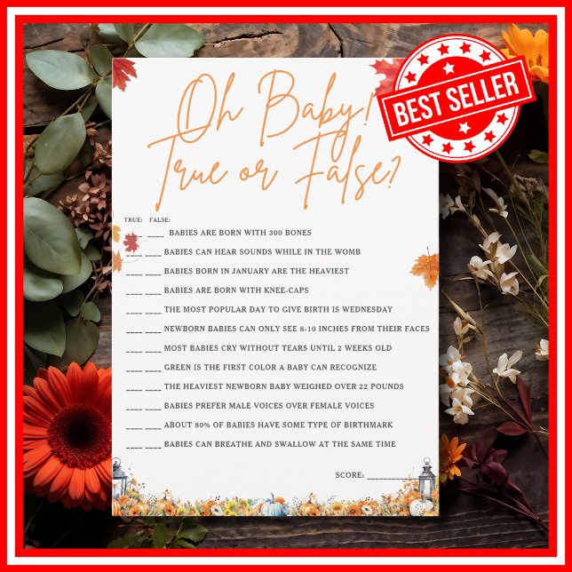 OH BABY TRUE OR FALSE Baby Shower Game PUMPKIN Invitation (OH BABY TRUE OR FALSE Easy Baby Shower Game A Little Pumpkin is on the Way Fall Autumn Theme )