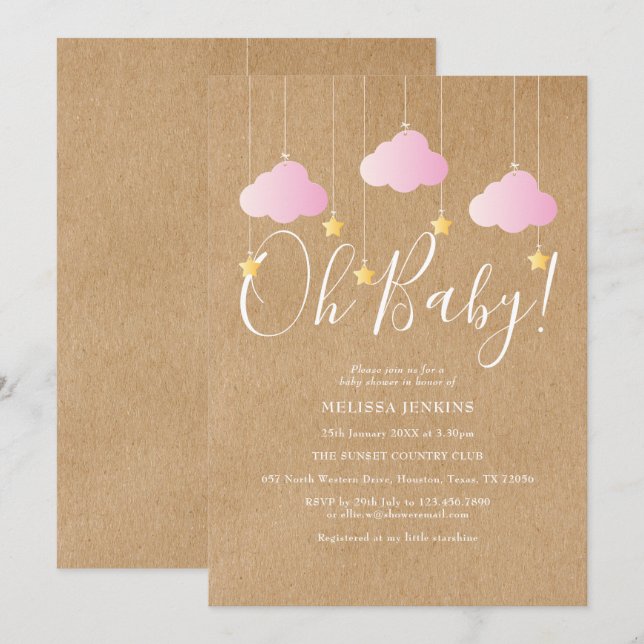Oh Baby Twinkle Twinkle Baby Shower Pink Rustic Invitation (Front/Back)