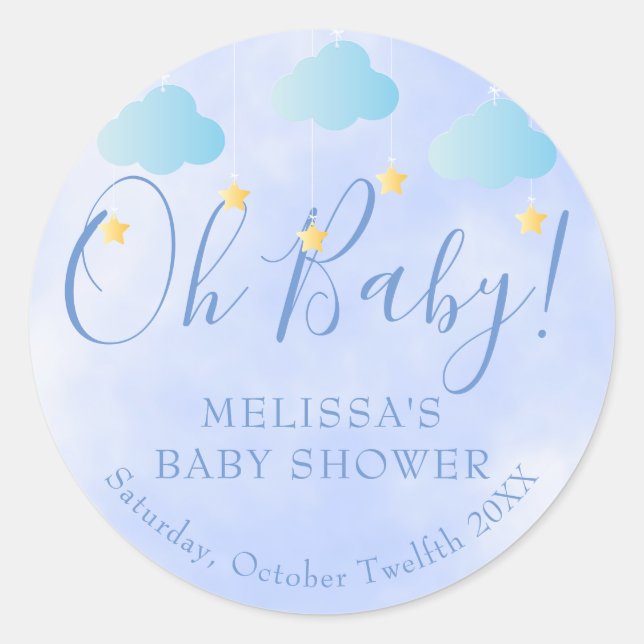 Oh Baby Twinkle Twinkle Boy Blue Baby Shower Classic Round Sticker (Front)