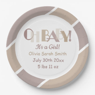 Oh Baby Typography Mocha Modern Baby Shower Paper Plate