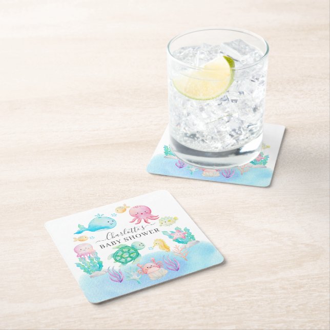 Oh Baby Under The Sea Baby Shower Square Paper Coaster (Insitu)