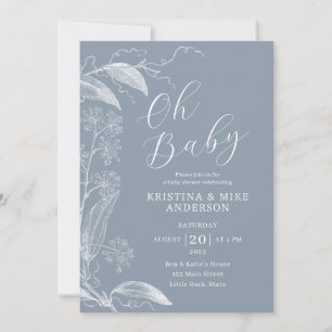 Oh Baby Vintage Botanical Dusty Blue White Invitation