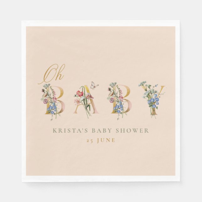 Oh Baby Vintage Wildflower Neutral Baby Shower Napkin (Front)