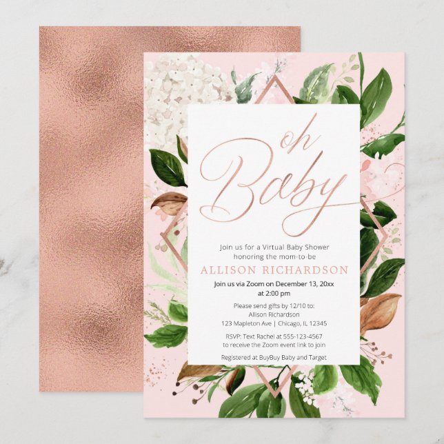 Oh Baby Virtual Baby Shower rose gold greenery Invitation (Front/Back)